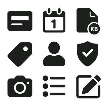 Asset Metadata Icons. Solid, filled icon set of asset metadata and tags: text field, date created, file size, keyword tag, author