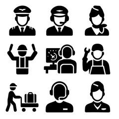 Aviation Roles Icons. Solid, filled icon set of pilot and crew roles: pilot, co-pilot, flight attendant, ground crew, air traffic