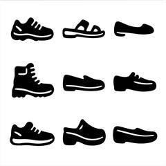 Adult Footwear Icons. Solid, filled icon set of footwear for mature adults: walking shoes, sandals, ballet flats, hiking boots,