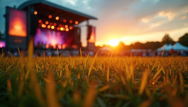 Evening open-air music festival. Sunset sky, grass stage, audience silhouettes. Golden hour light, stage illumination, concert vibe, summer event. Entertainment, live performance. - Powered by Adobe