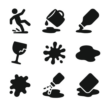 Accidental Spill Icons. Solid, filled icon set of accidental spills: slipping person, falling cup, dropped bottle, broken glass,
