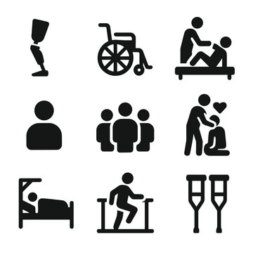 Amputation Recovery Icons. Solid, filled icon set of amputation recovery: prosthetic leg, wheelchair, physical therapy, crutches,