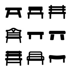 Fototapeta premium Bench Style Icons. Solid, filled icon set of bench styles: rustic bench, modern bench, classic park bench, ornate bench,