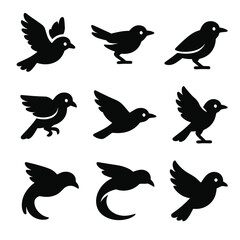 Fototapeta premium Bird Movement Icons. Solid, filled icon set of bird movement gestures: wingbeat, tail flick, head forward, talon tuck, angled