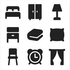 Black Bedroom Icons. Solid, filled icon set of bedroom furniture and essentials: bed, wardrobe, nightstand, lamp, blanket, pillow,