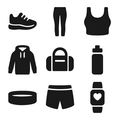 Athleisure Icon Grid. Solid, filled icon set of athleisure and sportswear: sneakers, yoga pants, sports bra, hoodie, gym bag,