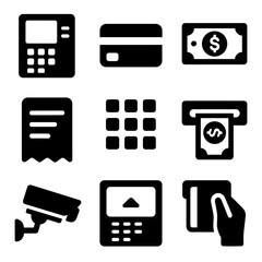 Fototapeta na wymiar ATM Icon Set. Solid, filled icon set of depositing money in ATM: ATM machine, bank card, cash bills, receipt, keypad, screen