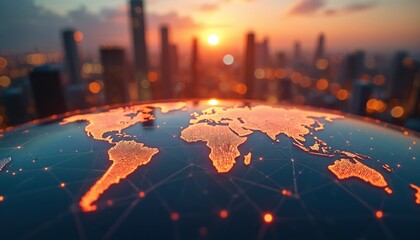 Digital glowing world map with city skyline at sunset. 5G network, smart city concept with tech innovation. Global network connection, data transfer with high-speed wireless internet, worldwide