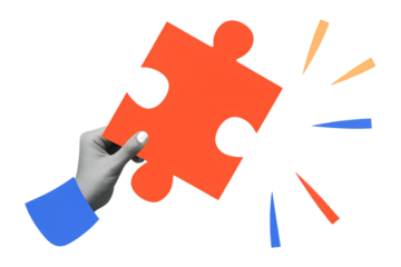 A black and white hand holding a red puzzle piece. Modern photo collage style. Illustration on transparent background