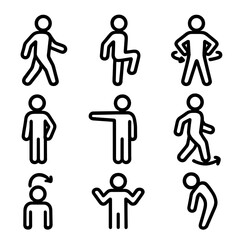 Fototapeta premium Body Motion Icons. Solid, filled icon set of body motion: arm swing, leg lift, torso twist, neck stretch, finger point, foot step,