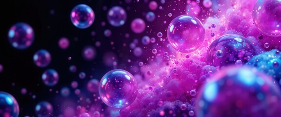 Colorful bubbles floating in a dreamy purple and pink abstract background for computer screens