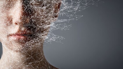 A facial scan of a beautiful woman reveals connected lines and dots that form the shapes of her face muscles, utilizing futuristic scanner recognition technology for profile treatment