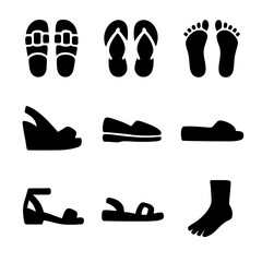 Fototapeta premium Beach Footwear Icons. Solid, filled icon set of beach footwear: sandals, flip flops, barefoot, wedge heels, espadrilles, slides,