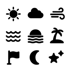 Beach Weather Icons. Solid, filled icon set of beach weather and environment: sun, clouds, wind, waves, tides, palm shadow, beach