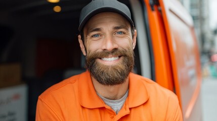 Smiling delivery professional in orange, exuding warmth and approachability, embodying reliable service with a personal touch.
