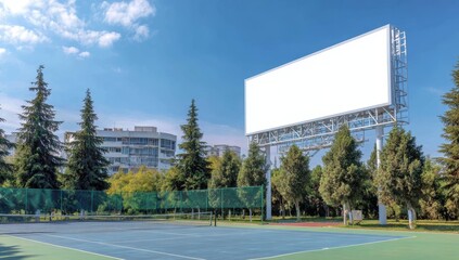 Obraz premium A blank advertising banner, stretched across a hard green outdoor tennis court, presents a white empty screen where commercial advertisements, posters, or signs can be displayed, utilizing the sports