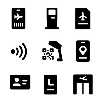 Boarding System Icons. Solid, filled icon set of boarding and ticketing systems: mobile boarding pass, ticket kiosk, e-ticket icon