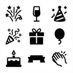 Celebration Icons Grid. Solid, filled icon set of celebration greetings: fireworks, champagne glass, party hat, confetti, gift box