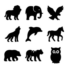 Obraz premium Black Animal Icons. Solid, filled icon set of The Animals: lion, elephant, eagle, wolf, dolphin, horse, bear, tiger, owl. Solid,