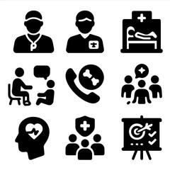 Athlete Support Icons. Solid, filled icons set of athletic support systems: coach support icon,
