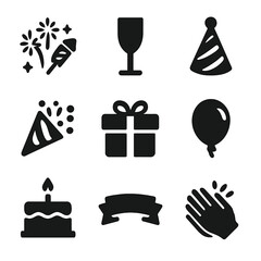 Celebration Icons Grid. Solid, filled icon set of celebration greetings: fireworks, champagne glass, party hat, confetti, gift box