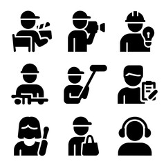 Camera Crew Icons. Solid, filled icon set of camera crew roles: director, camera operator, gaffer, grip, boom operator, script