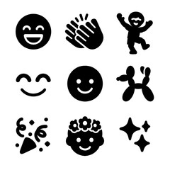 Fototapeta premium Childhood Expression Icons. Solid, filled icon set of childhood expressions: laughing face, clapping hands, dancing child, smiling