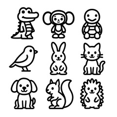 Obraz premium Cheburashka Animal Friends. Solid, filled icon set of Cheburashka friends and animals: crocodile, monkey, turtle, sparrow, rabbit,