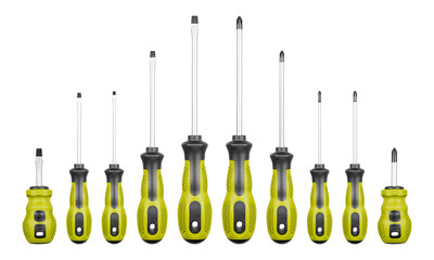 Set of Philips and flathead screwdrivers Green color on isolated white background close-up