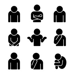 Body Language Icons. Solid, filled icon set of body language with downcast eyes: bowed head, crossed arms, slouched posture,