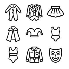 Circus Costume Icons. Solid, filled icon set of circus costumes: clown suit, ringmaster jacket, tutu skirt, magician cape, jester