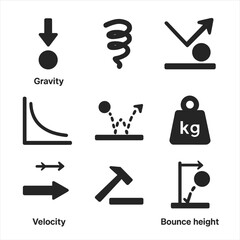 Obraz premium Bouncing Ball Physics Icons. Solid, filled icon set of bouncing ball physics: gravity icon, elasticity symbol, rebound angle,