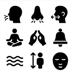 Breathing and Meditation Icons. Solid, filled icon set of breathing and meditation: deep breath icon, nose breathing, pranayama
