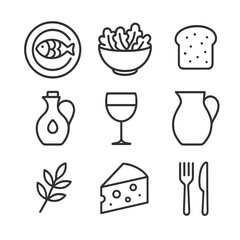 Mediterranean Dining Icons. Outline icon set of Mediterranean table setting and serving: dinner plate with fish fillet, salad bowl