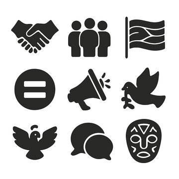 Intersectional Activism Icons. Solid, filled icon set of intersectional activism: handshake, group of people, diversity flag,