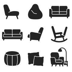 Cozy Seating Icons. Solid, filled icons set of cozy living room seating: lounge chair, bean bag, loveseat,
