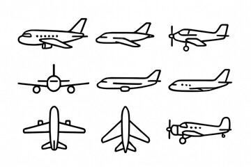 Airplane Silhouette Vector Set – Black Outline and Line Art Aviation Icons on White Background