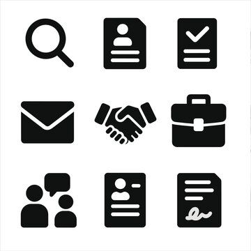Job Search Icons. Solid, filled icon set of job search: magnifying glass, job listing, application form, email, handshake,