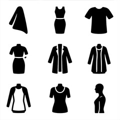 Fototapeta premium Clothing Interaction Icons. Solid, filled icon set of clothing and figure interaction: draped fabric, fitted dress, loose shirt,