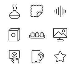 Multisensory Marketing Icons. Outline icon set of multisensory marketing experiences: aroma diffuser icon, textured sample swatch,
