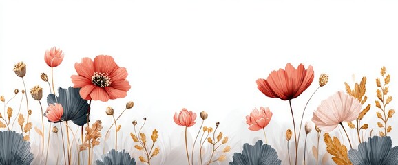 A white background provides a clean canvas for colorful wildflowers and green stems with extra space for text