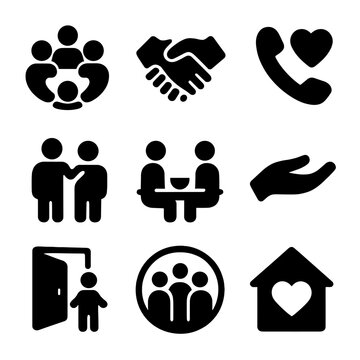 Community Support Icons. Solid, filled icon set of peer support and community care: group circle, handshake, support call, home