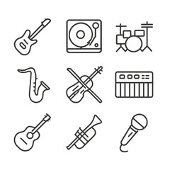 Obraz premium Music Icons Grid. Outline icon set of music genres and performances: electric guitar, turntable vinyl, drum kit, saxophone, violin