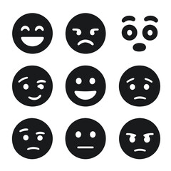 Fototapeta premium Facial Expression Icons. Solid, filled icons set of facial expressions in performance: laughing face, frown