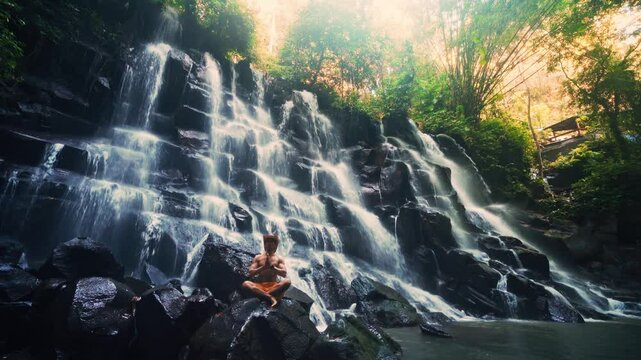 Active lifestyle people meditation at Bali famous landmark and popular travel destination Bali Waterfall Kanto Lampo Indonesia 4K 