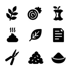 Compost Icon Collection. Solid, filled icon set of compost types: green waste, brown waste, food scraps, manure, leaf litter,