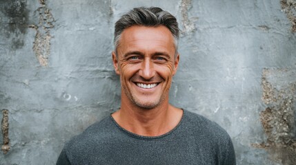 Fototapeta premium Smiling middle-aged man in casual wear, radiating warmth and approachability 