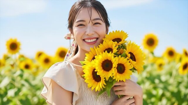 ひまわり畑で幸せそうに笑うナチュラルな女の子