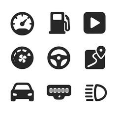 Car Dashboard Icons. Solid, filled icon set of car dashboard experience: speedometer, fuel icon, music play button, AC dial,