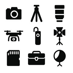 Car Photography Gear Icons. Solid, filled icon set of car photography gear: camera, tripod, lens, reflector, drone, remote shutter